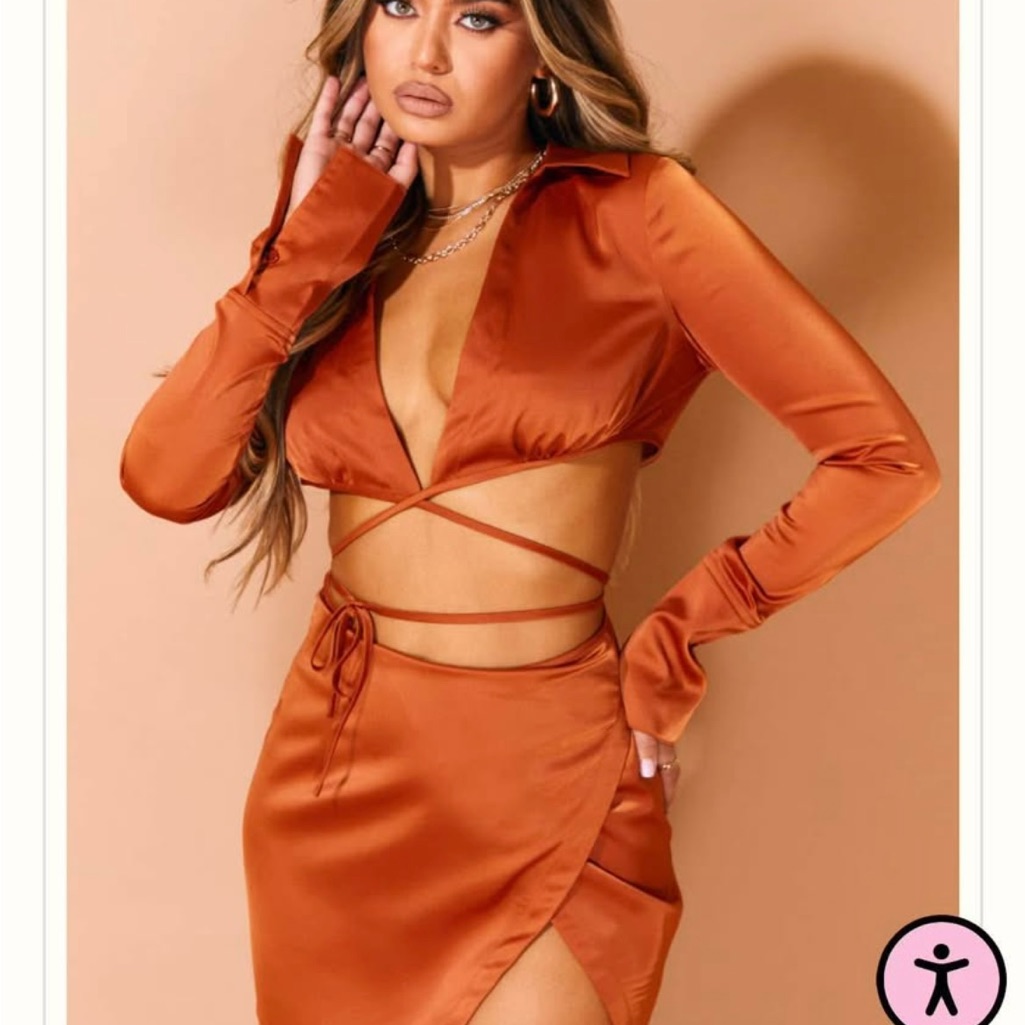 Prettylittlething Burnt Orange Satin Skirt Set